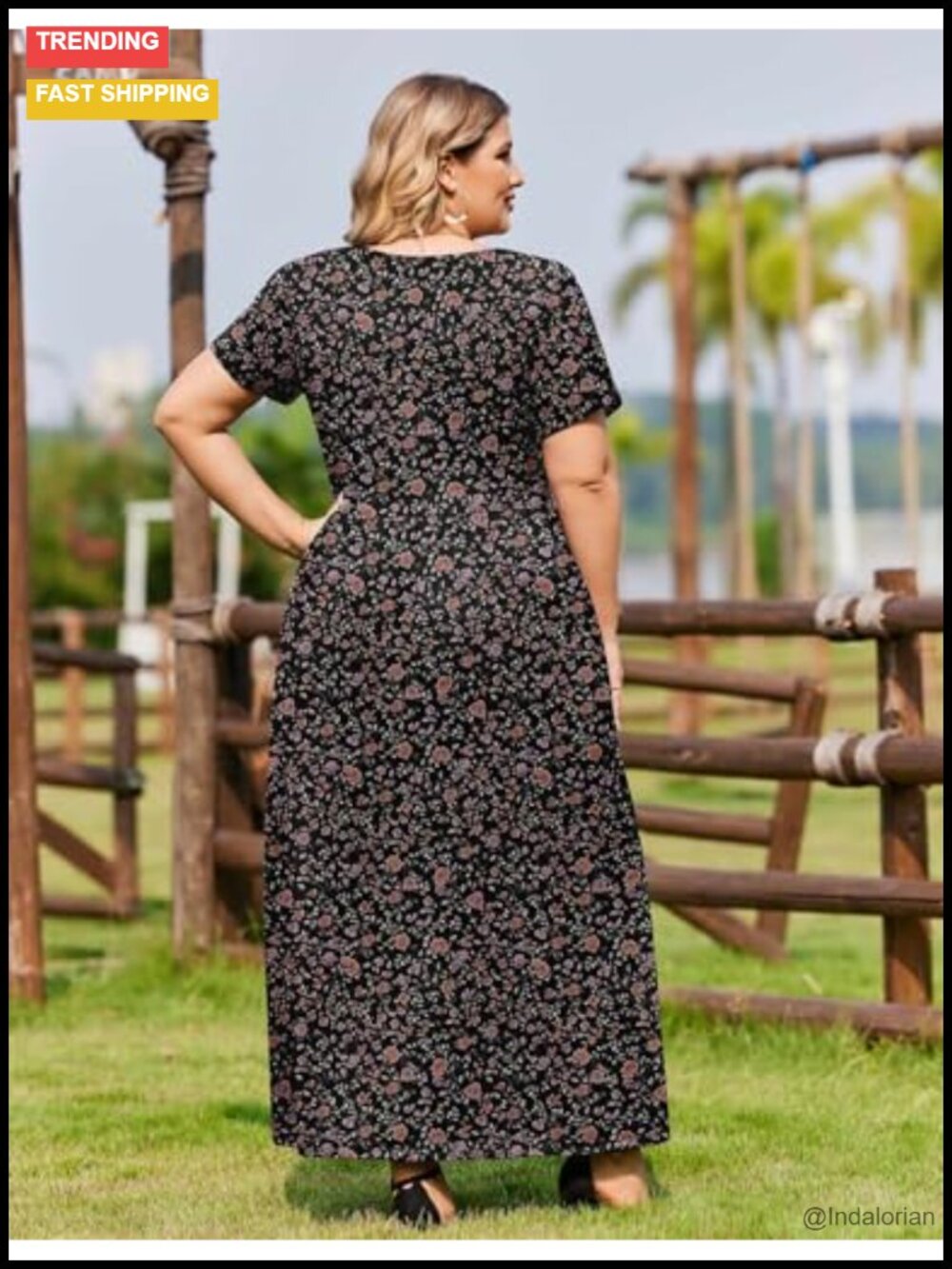 Plus Size Maxi Dress with Pockets Short Sleeve Loose Fit Long Sundress - Picture 2 of 6